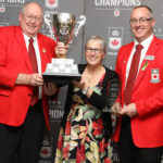 Curling Canada governors Resby Coutts, far left, and Scott Comfort, far right, present the Governors’ Cup to Nova Scotia Curling Association President Cathy Dalziel. (Photo, Curling Canada/Neil Valois)