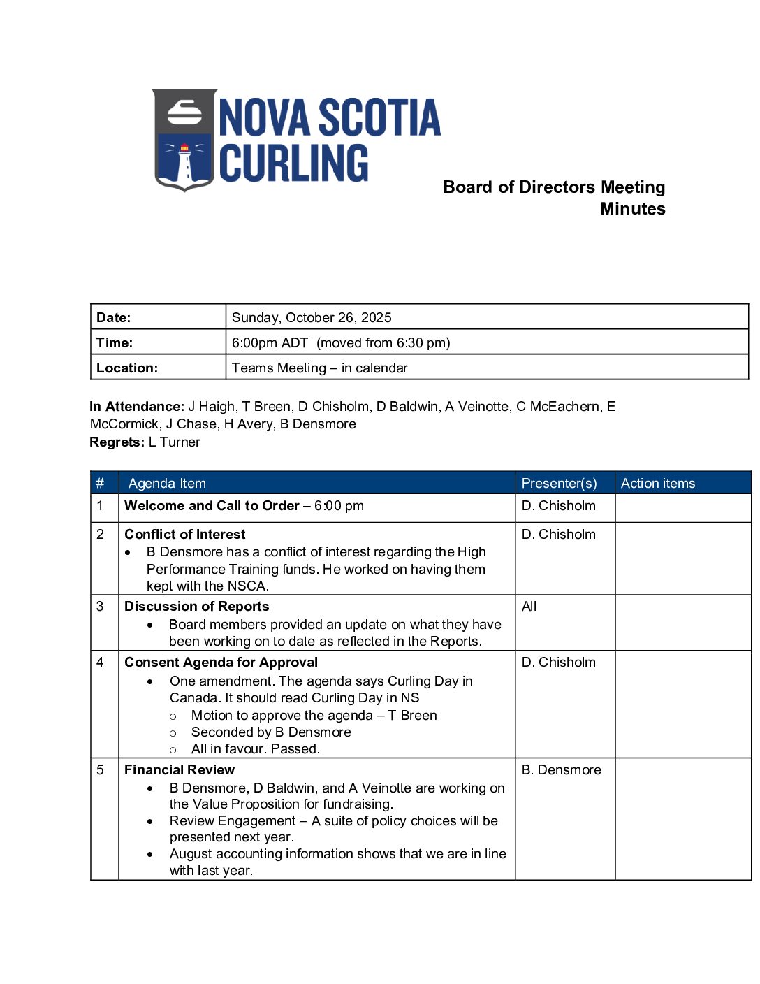 October 26, 2025 NSCA Board Meeting Minutes